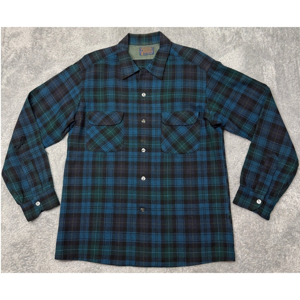 Vintage Pendleton 100% Wool Board Shirt Mens L Blue Plaid Loop Collar FLAWS